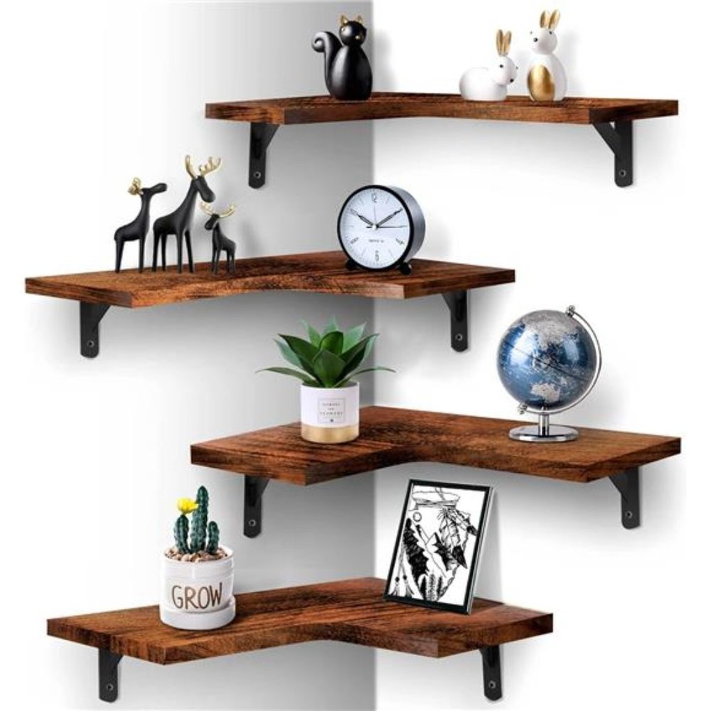 Floating Corner Shelves Wall Shelves Set of 4, Wood Shelves  (Rustic Red)